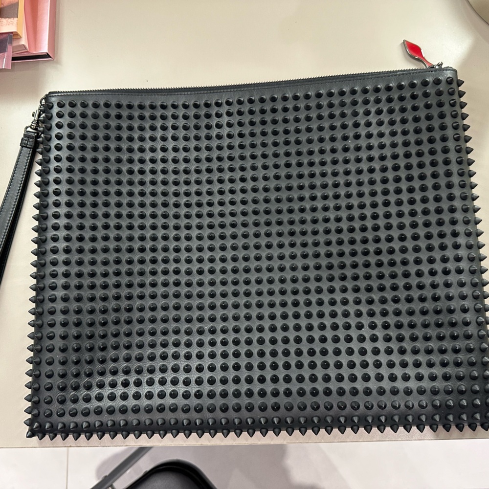 Auth Christian Louboutin Plastic Spikes Black Leather A4 Clutch Bag